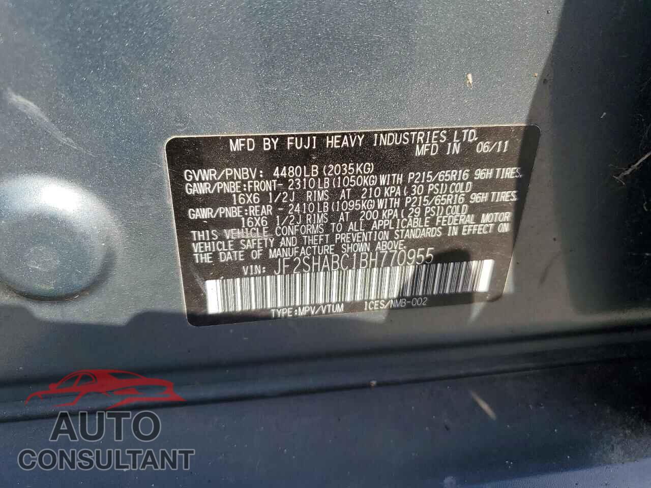SUBARU FORESTER 2011 - JF2SHABC1BH770955