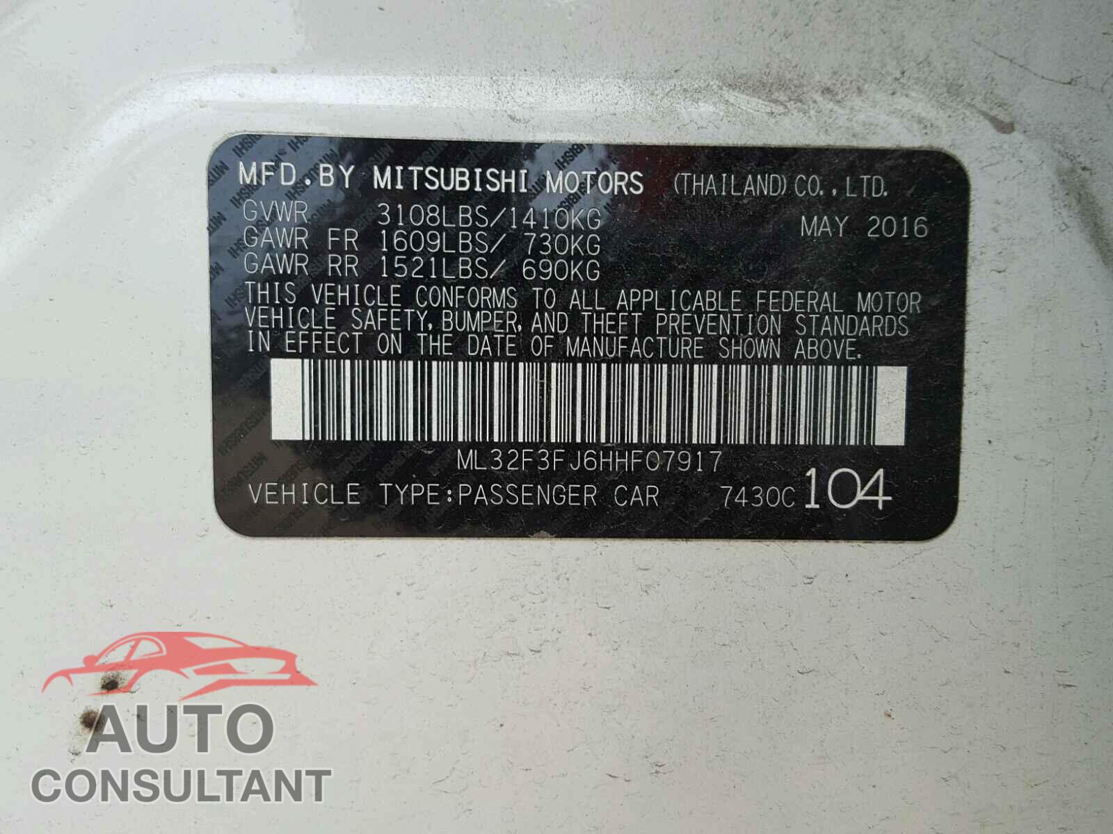 MITSUBISHI MIRAGE 2017 - ML32F3FJ6HHF07917