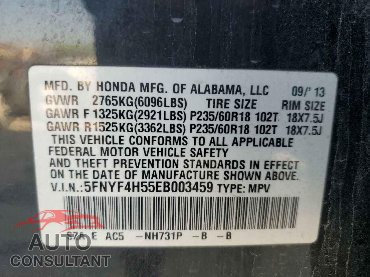HONDA PILOT 2014 - 5FNYF4H55EB003459