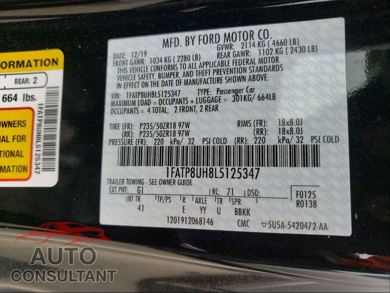 FORD MUSTANG 2020 - 1FATP8UH8L5125347