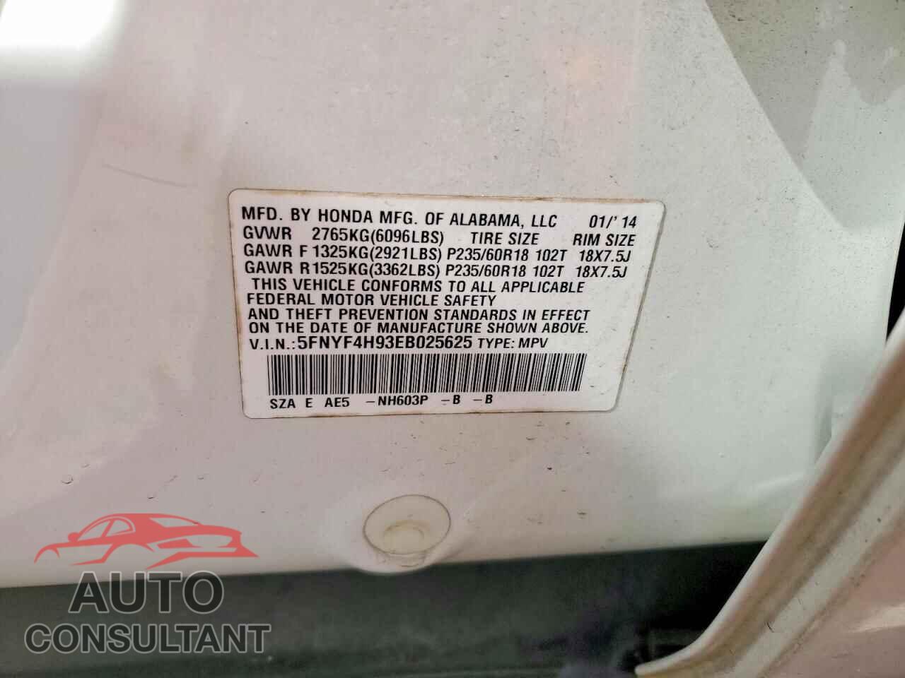 HONDA PILOT 2014 - 5FNYF4H93EB025625