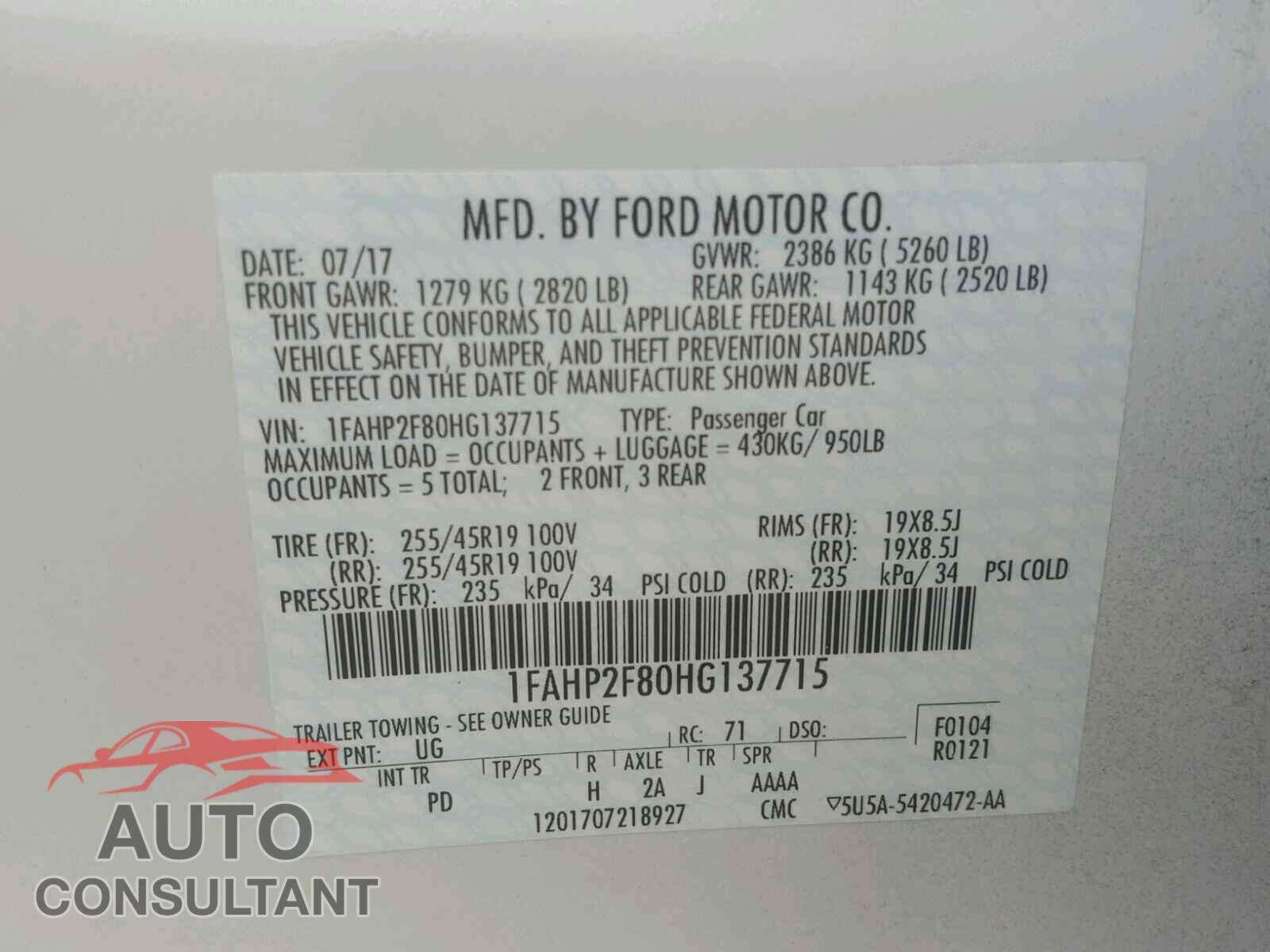 FORD TAURUS 2017 - 1FAHP2F80HG137715