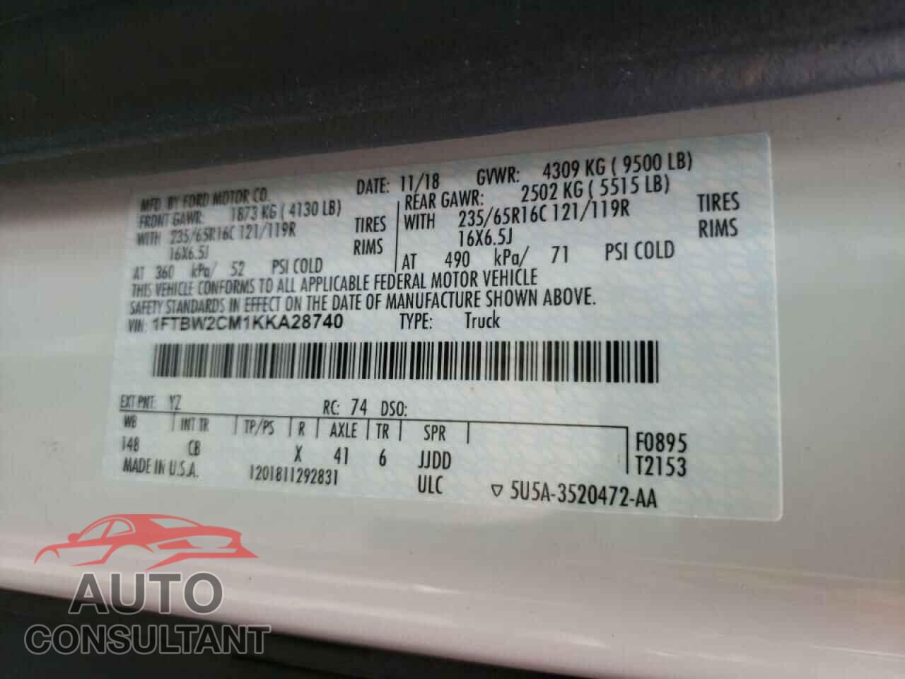 FORD TRANSIT CO 2019 - 1FTBW2CM1KKA28740