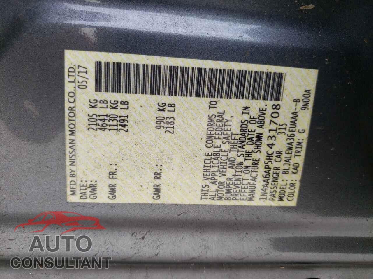 NISSAN MAXIMA 2017 - 1N4AA6AP5HC431708