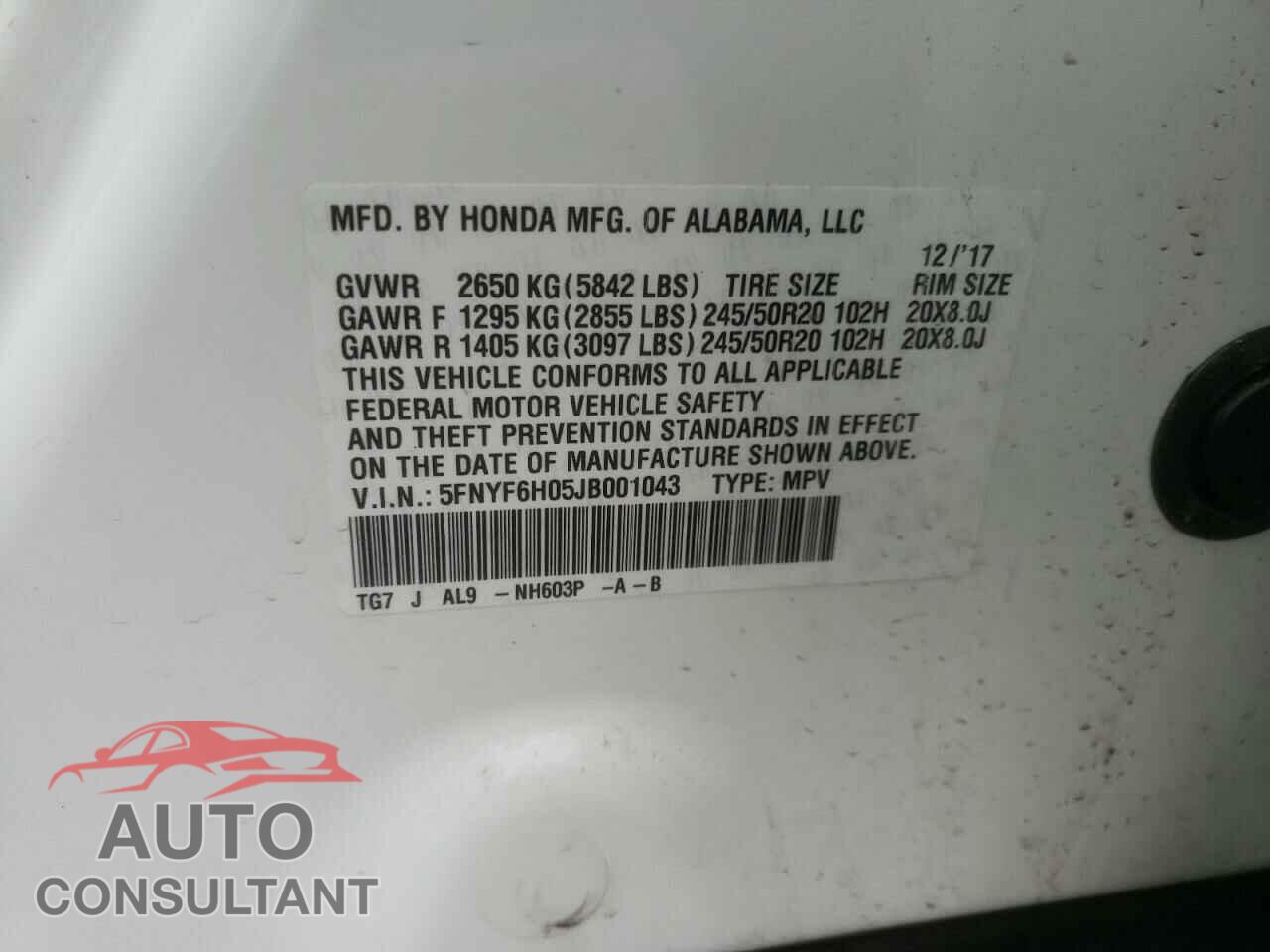 HONDA PILOT 2018 - 5FNYF6H05JB001043