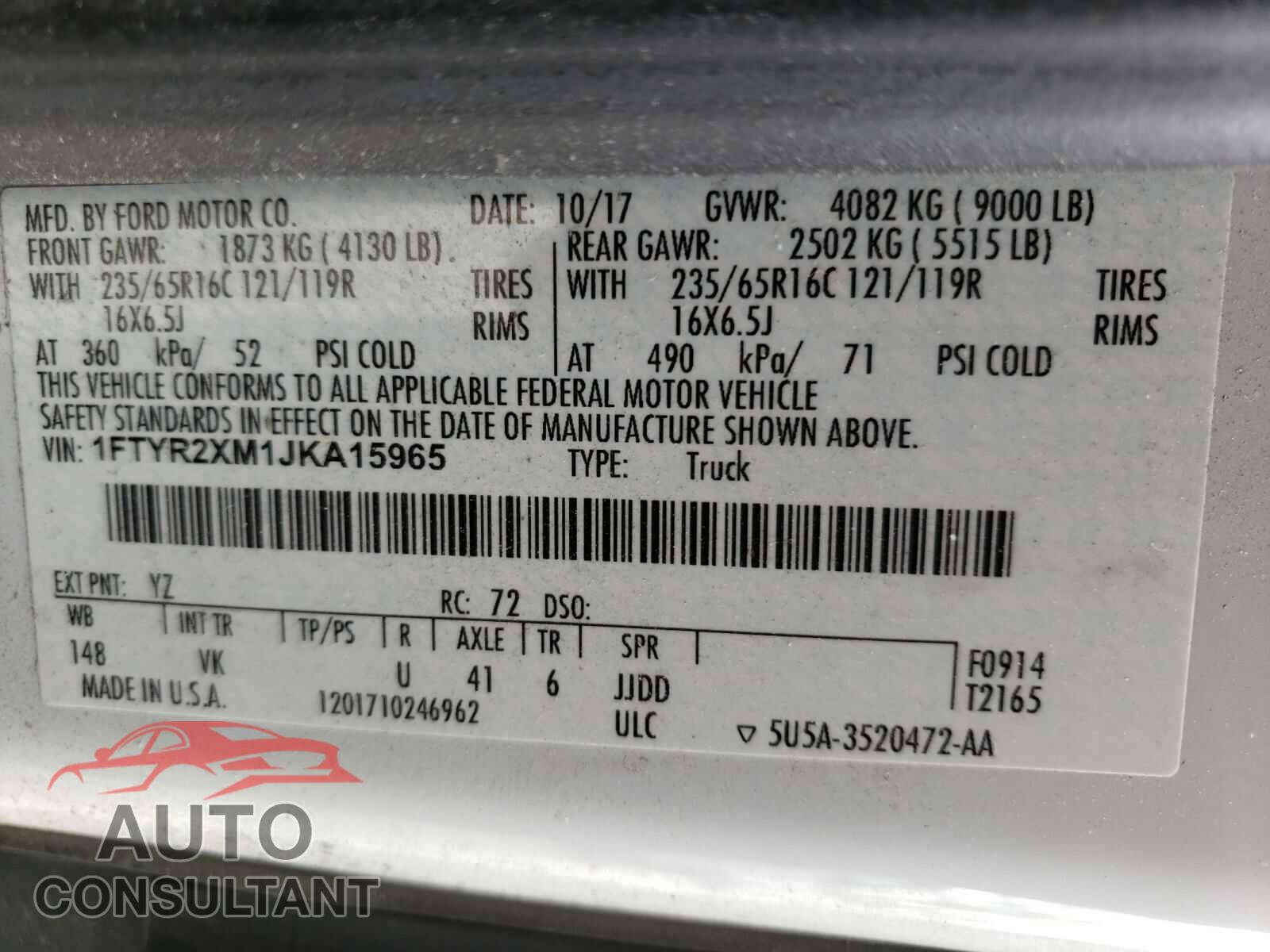 FORD TRANSIT CO 2018 - 1FTYR2XM1JKA15965