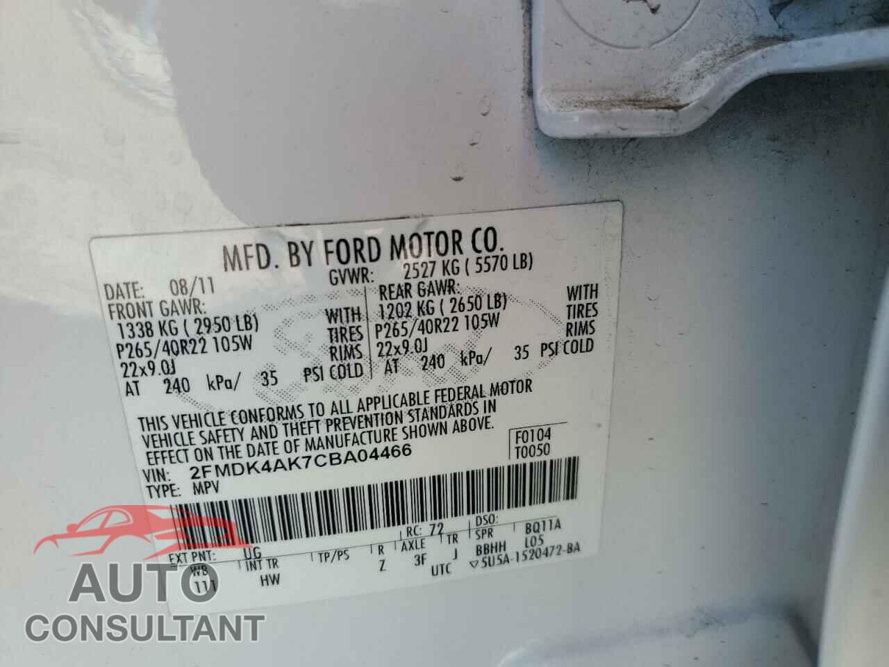 FORD EDGE 2012 - 2FMDK4AK7CBA04466