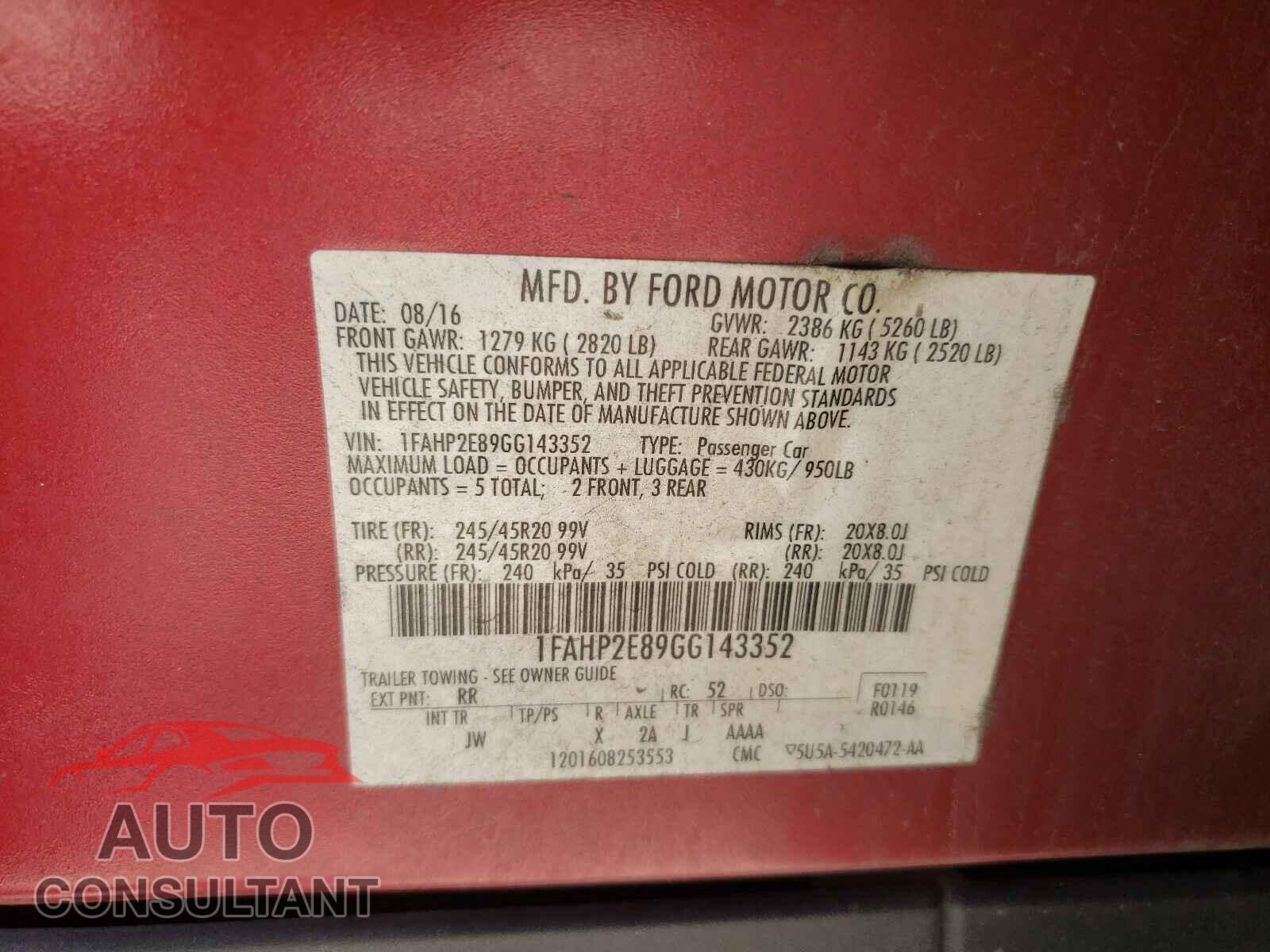FORD TAURUS 2016 - 1FAHP2E89GG143352