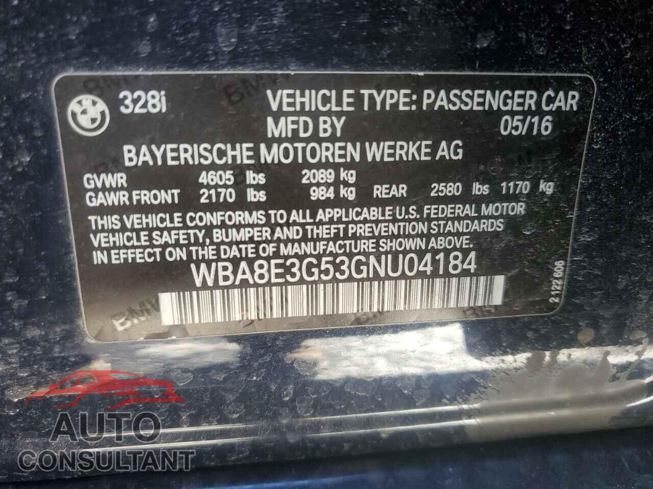 BMW 3 SERIES 2016 - WBA8E3G53GNU04184