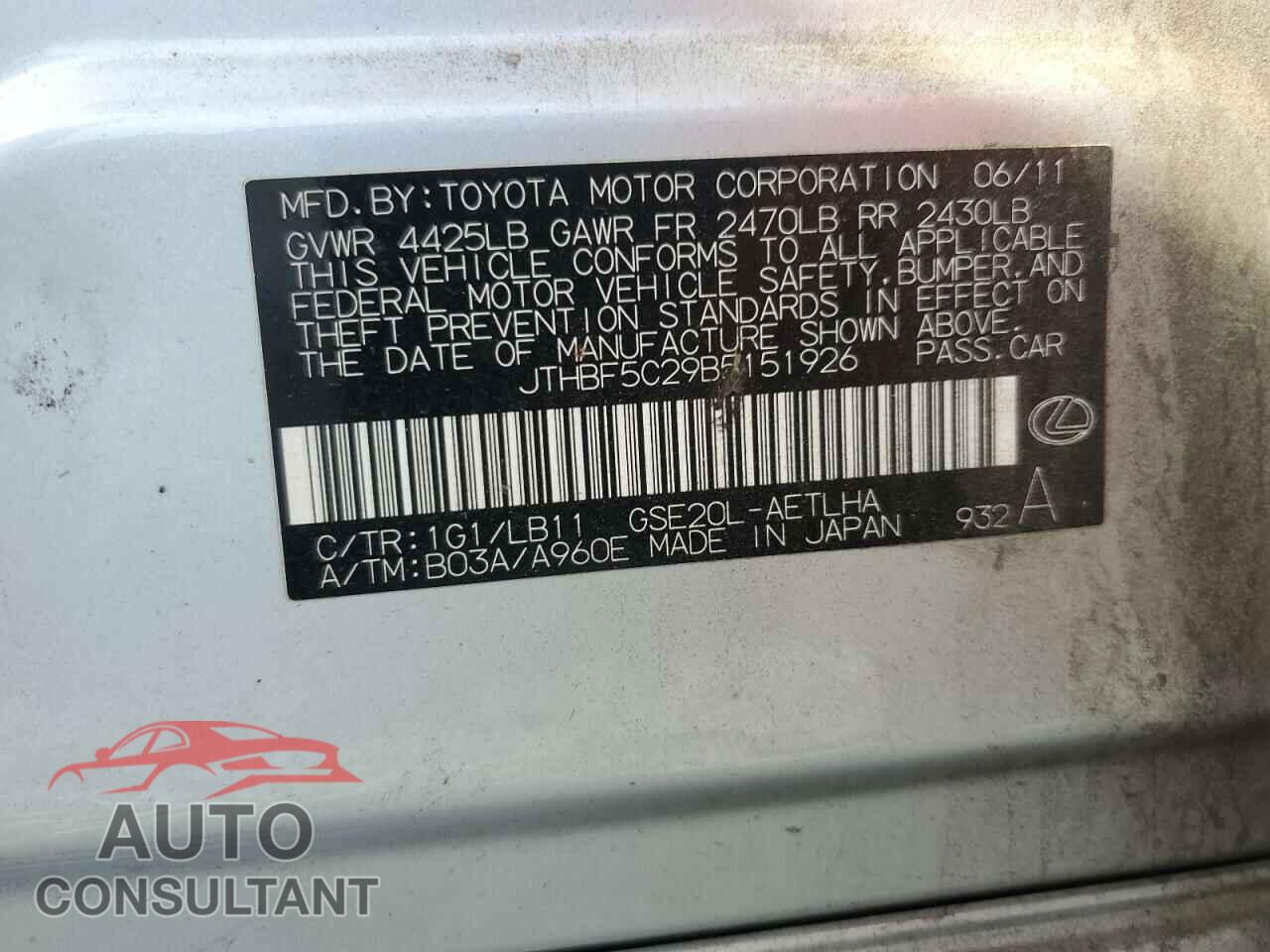 LEXUS IS 2011 - JTHBF5C29B5151926