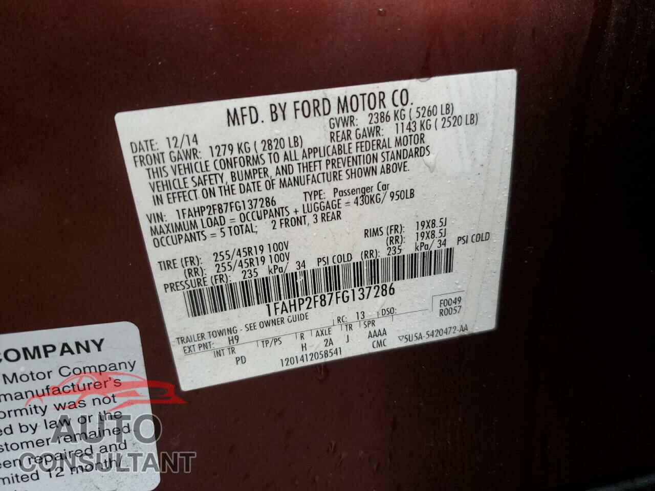 FORD TAURUS 2015 - 1FAHP2F87FG137286