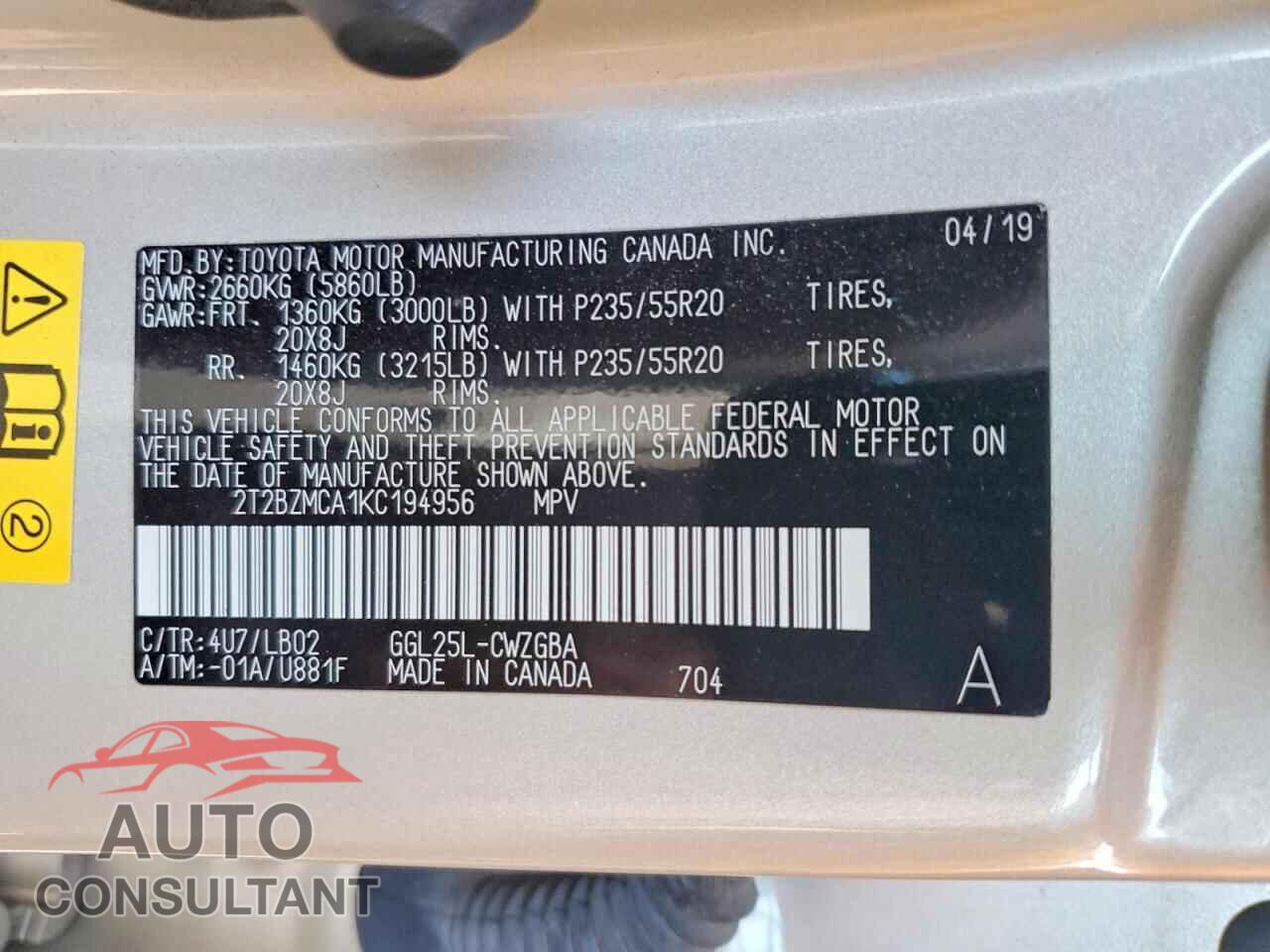LEXUS RX350 2019 - 2T2BZMCA1KC194956