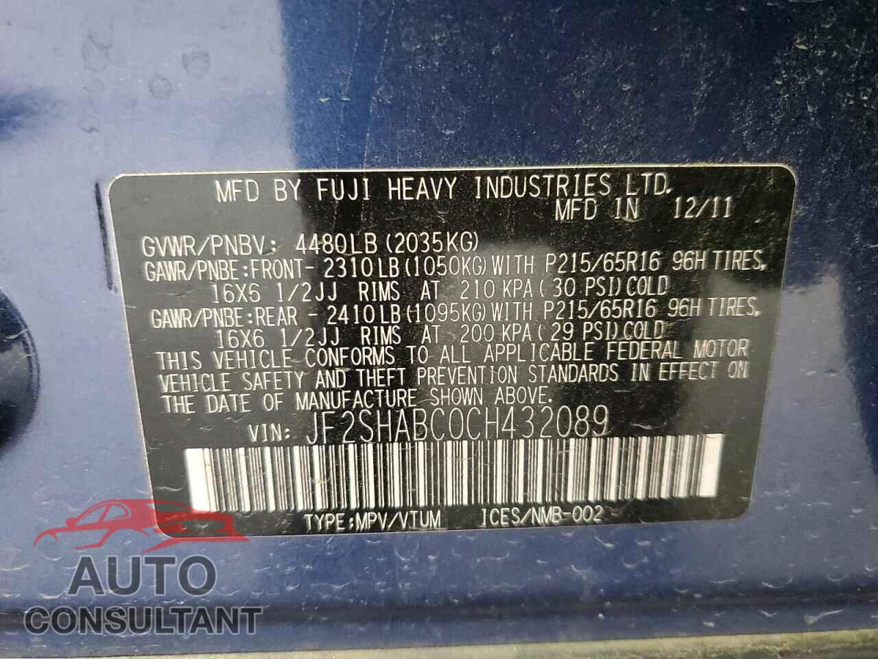 SUBARU FORESTER 2012 - JF2SHABC0CH432089