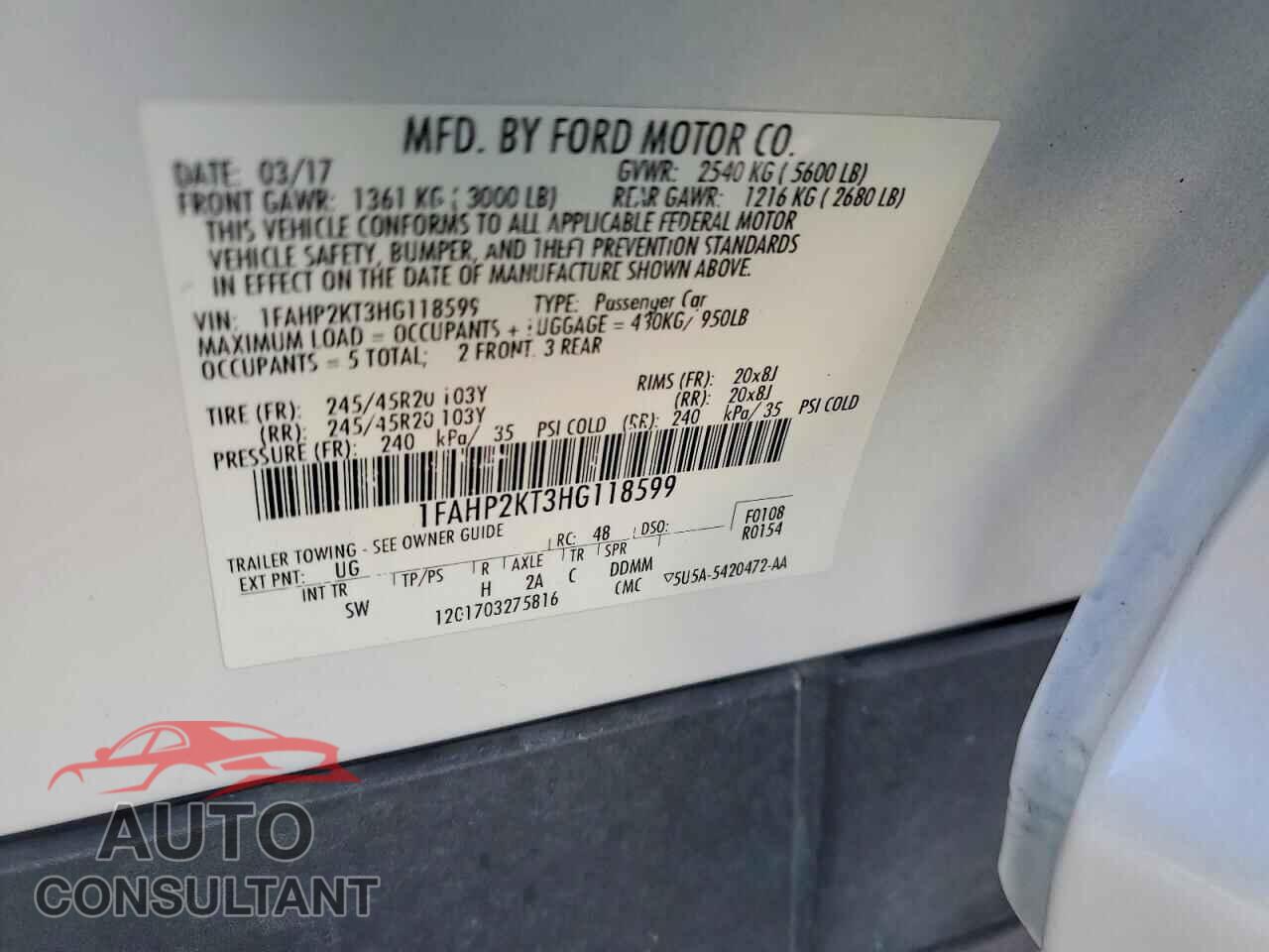 FORD TAURUS 2017 - 1FAHP2KT3HG118599