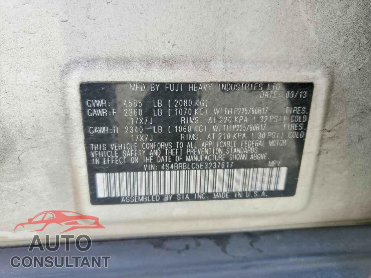 SUBARU OUTBACK 2014 - 4S4BRBLC5E3237617