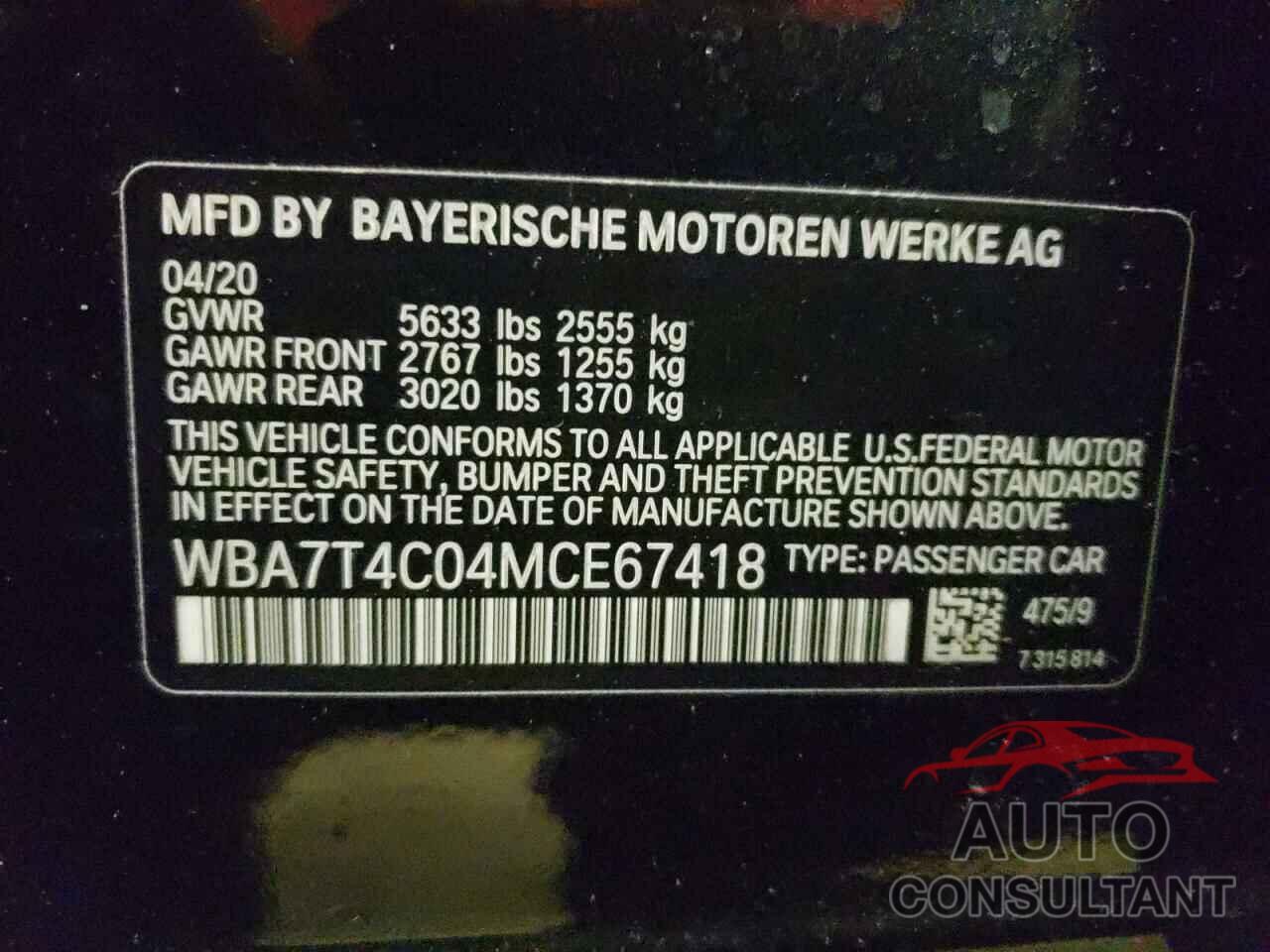BMW 7 SERIES 2021 - WBA7T4C04MCE67418
