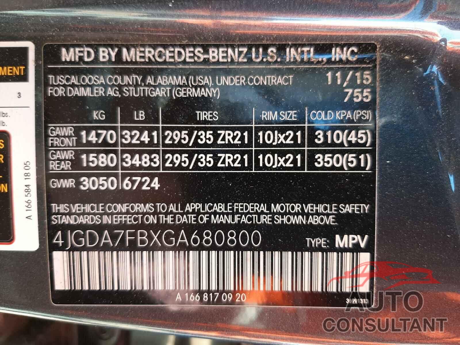 MERCEDES-BENZ AMG 2016 - 4JGDA7FBXGA680800