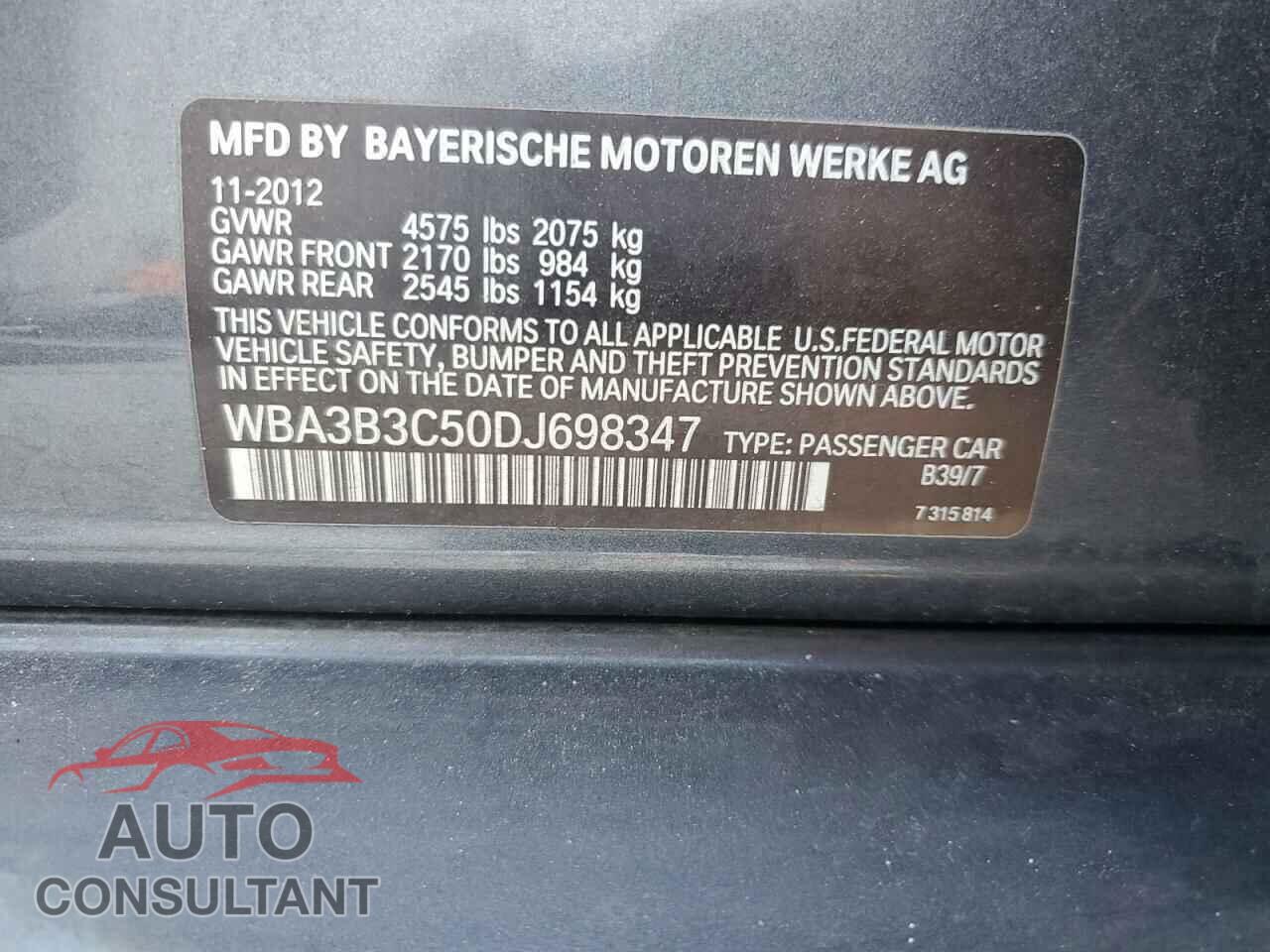 BMW 3 SERIES 2013 - WBA3B3C50DJ698347