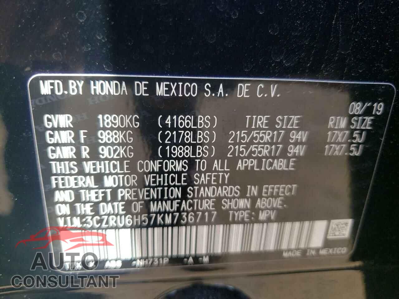 HONDA HR-V 2019 - 3CZRU6H57KM736717