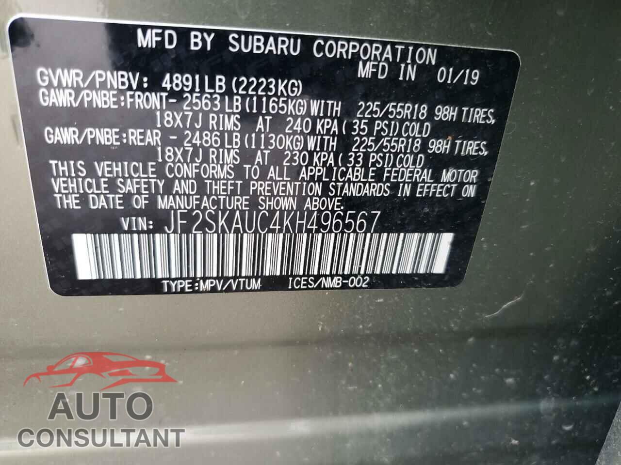 SUBARU FORESTER 2019 - JF2SKAUC4KH496567