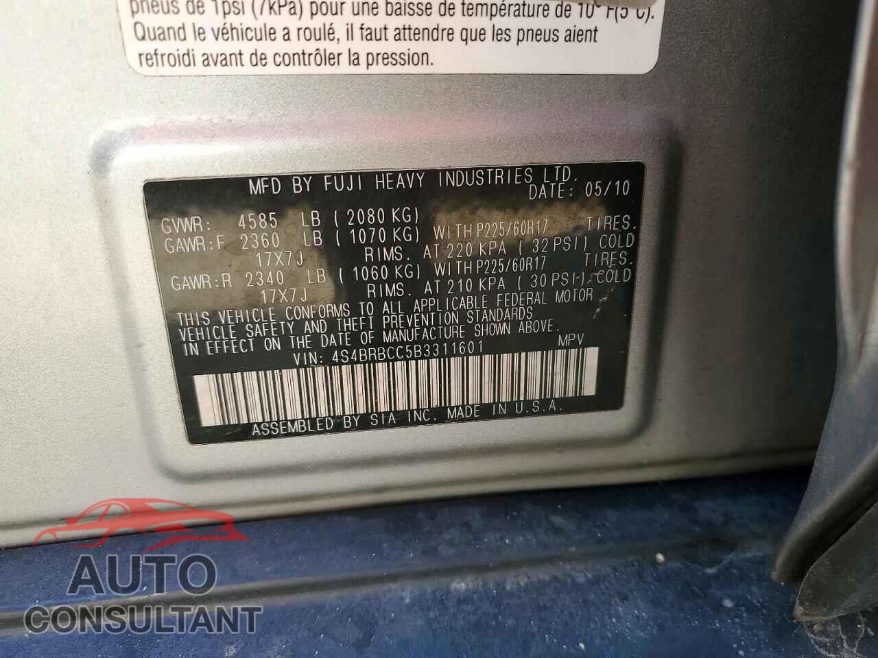 SUBARU OUTBACK 2011 - 4S4BRBCC5B3311601