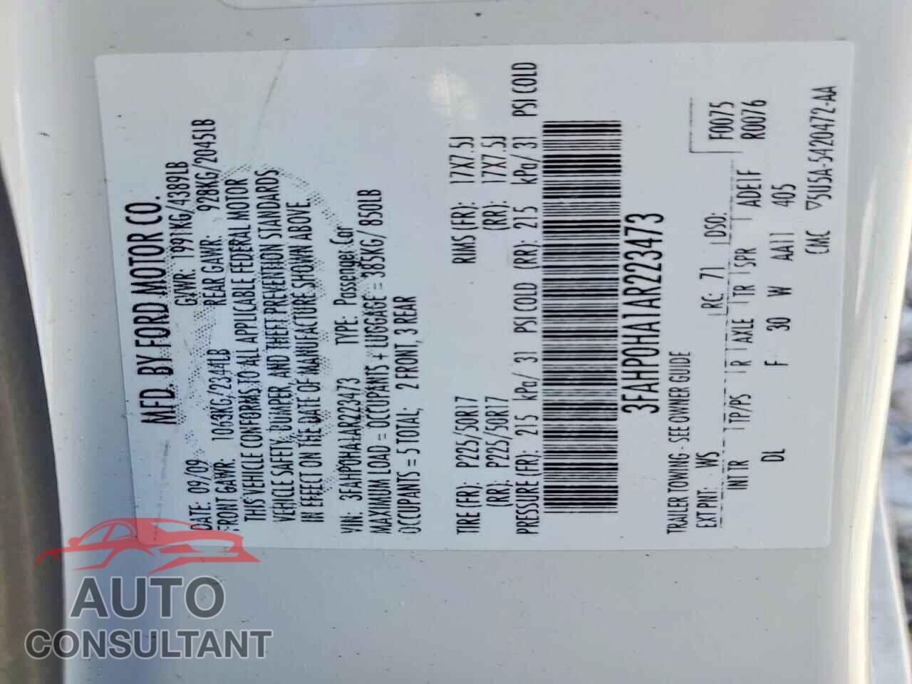 FORD FUSION 2010 - 3FAHP0HA1AR223473