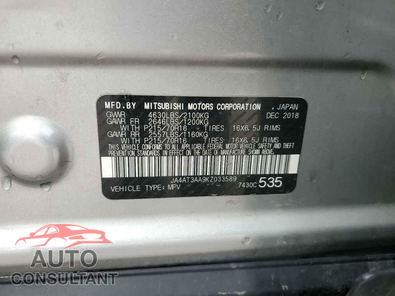 MITSUBISHI ECLIPSE 2019 - JA4AT3AA9KZ033589