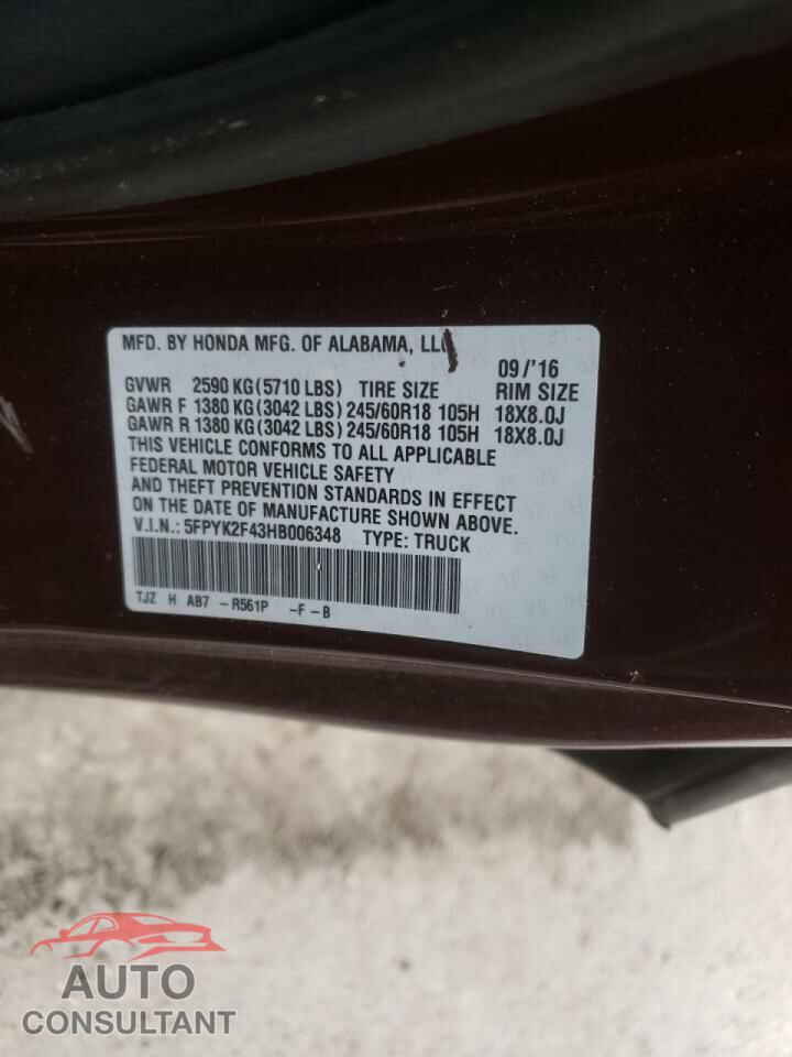 HONDA RIDGELINE 2017 - 5FPYK2F43HB006348