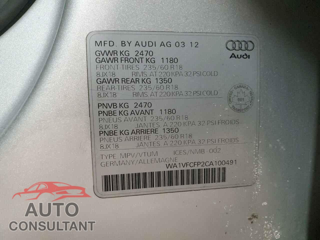 AUDI Q5 2012 - WA1VFCFP2CA100491