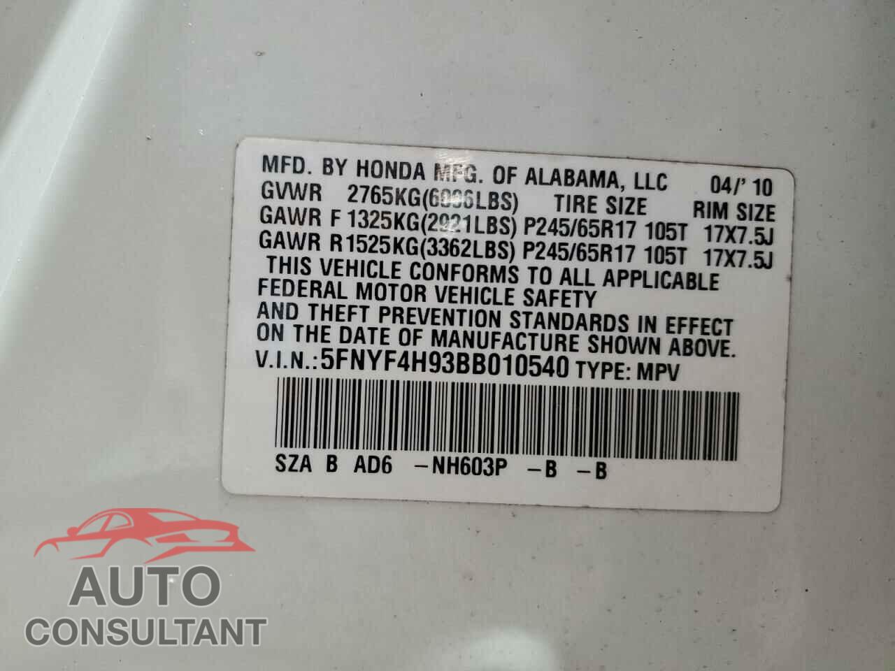 HONDA PILOT 2011 - 5FNYF4H93BB010540