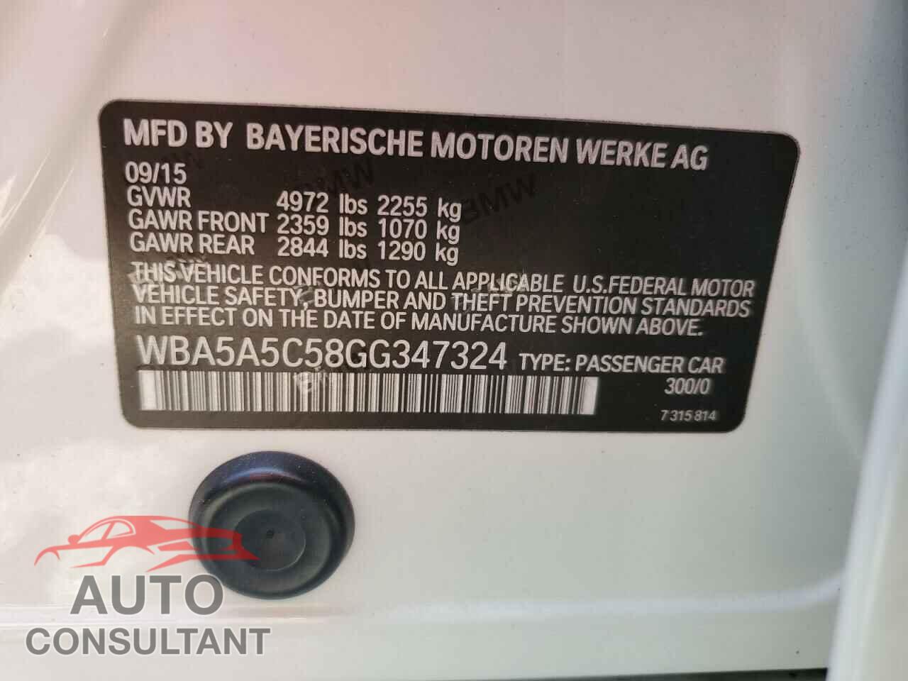 BMW 5 SERIES 2016 - WBA5A5C58GG347324