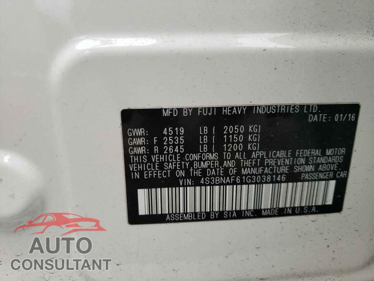 SUBARU LEGACY 2016 - 4S3BNAF61G3038146