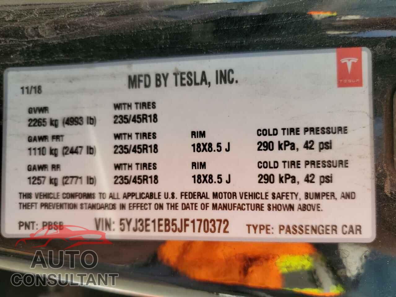 TESLA MODEL 3 2018 - 5YJ3E1EB5JF170372