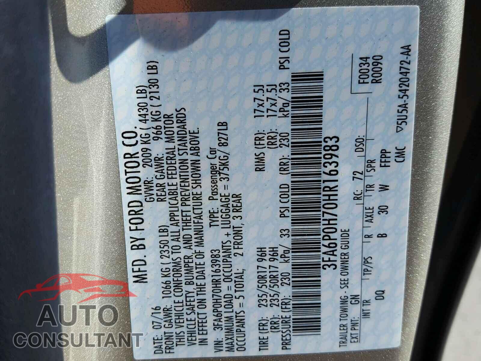 FORD FUSION SE 2017 - 3FA6P0H70HR163983
