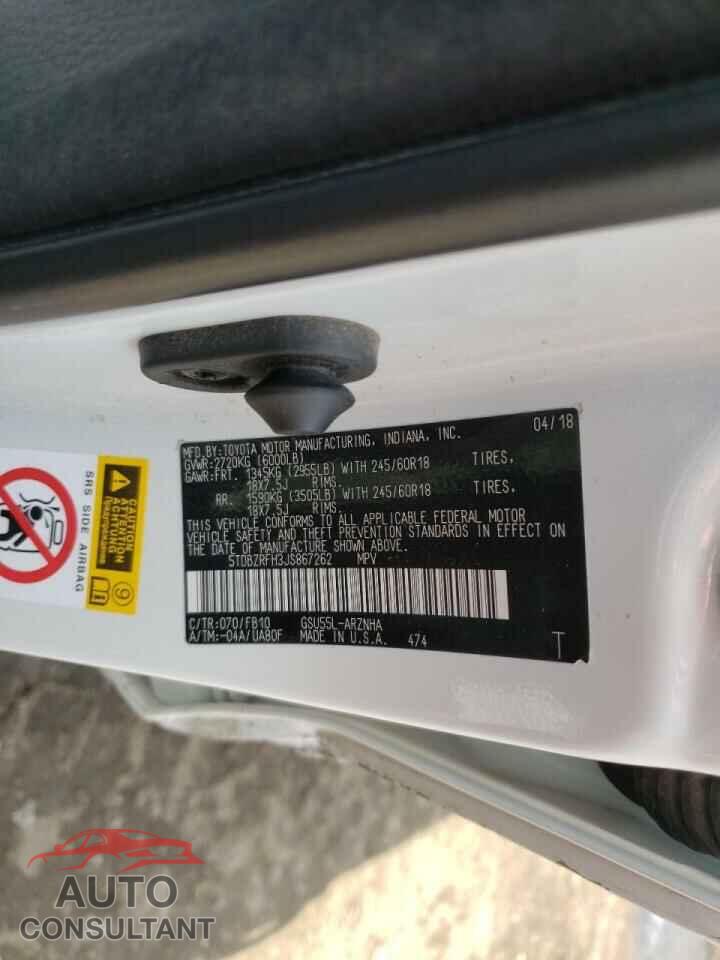 TOYOTA HIGHLANDER 2018 - 5TDBZRFH3JS867262