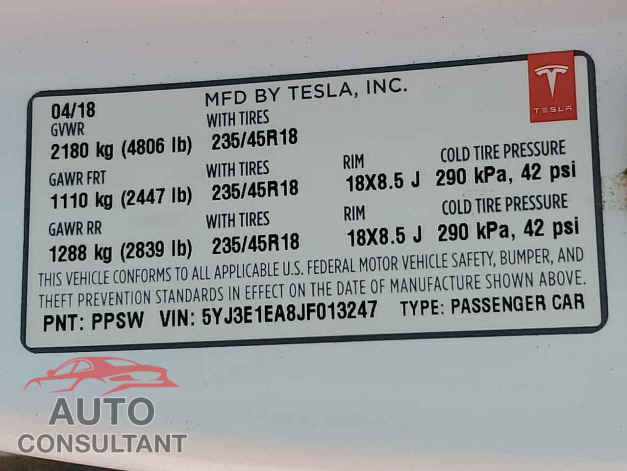 TESLA MODEL 3 2018 - 5YJ3E1EA8JF013247