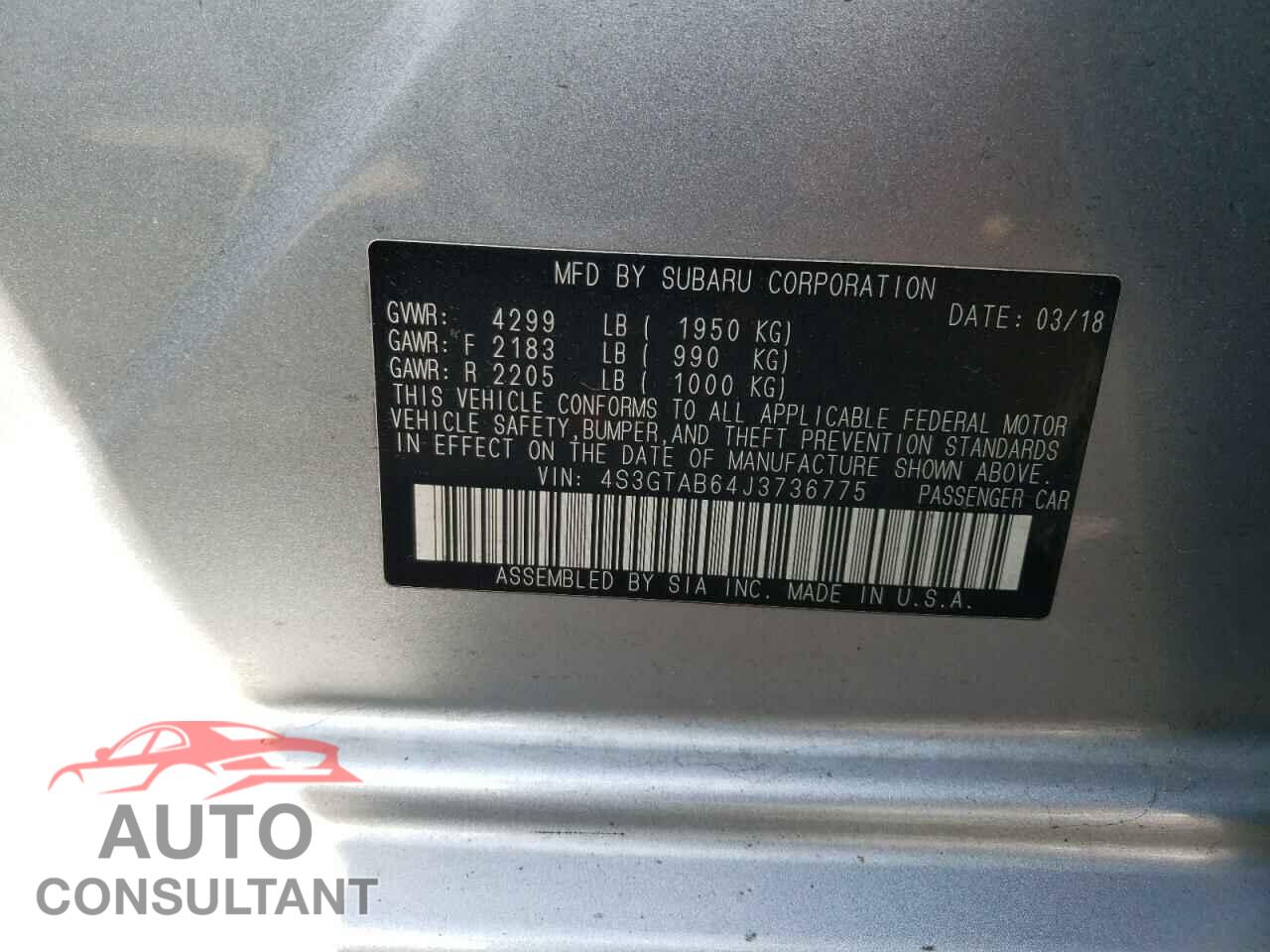 SUBARU IMPREZA 2018 - 4S3GTAB64J3736775