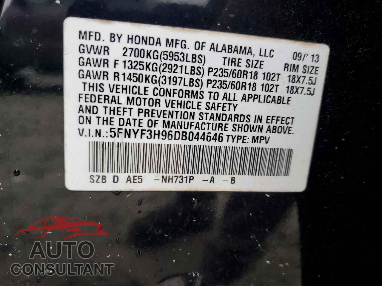 HONDA PILOT 2013 - 5FNYF3H96DB044646