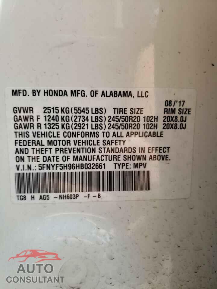HONDA PILOT 2017 - 5FNYF5H96HB032661