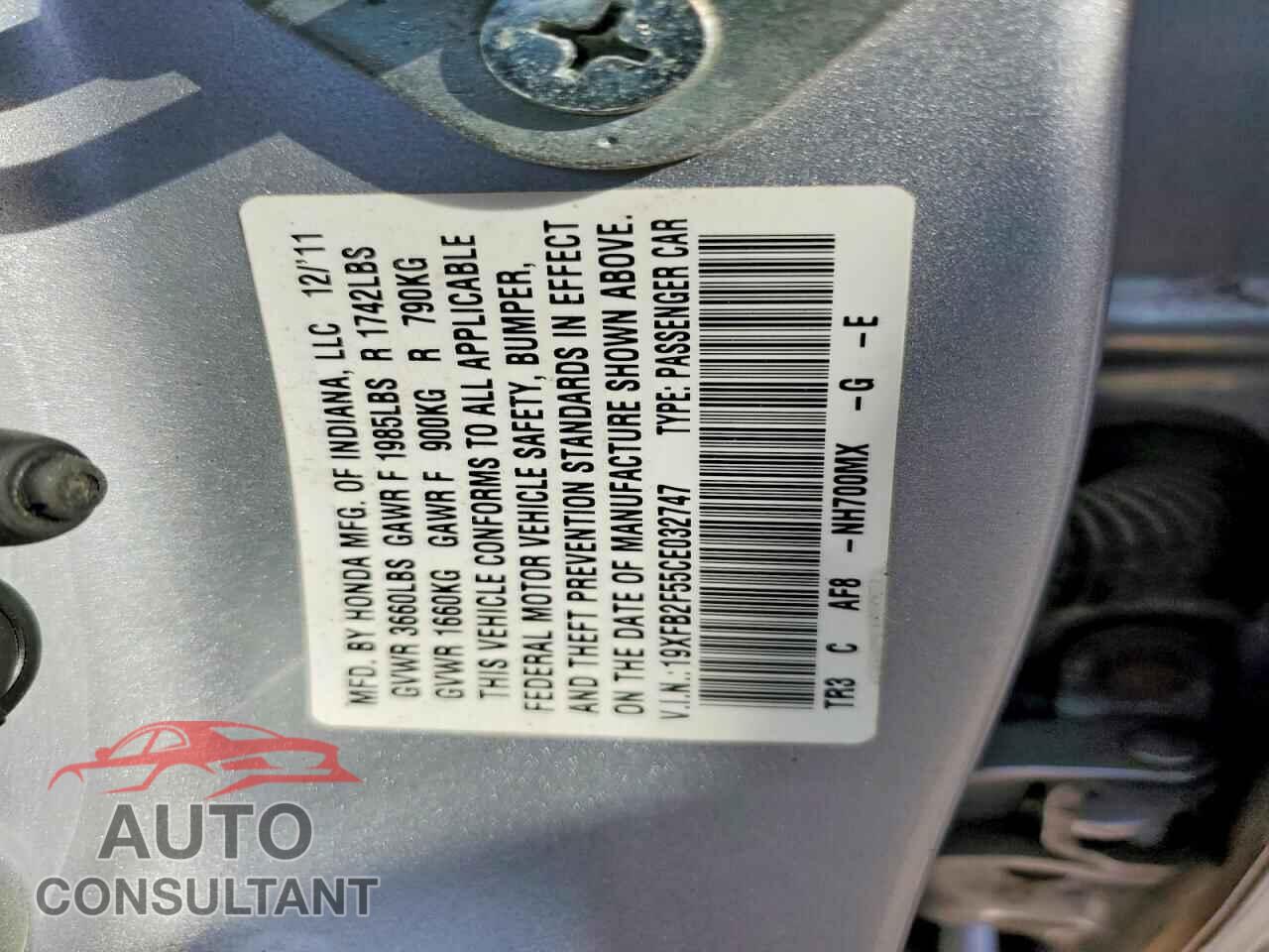HONDA CIVIC 2012 - 19XFB2F55CE032747