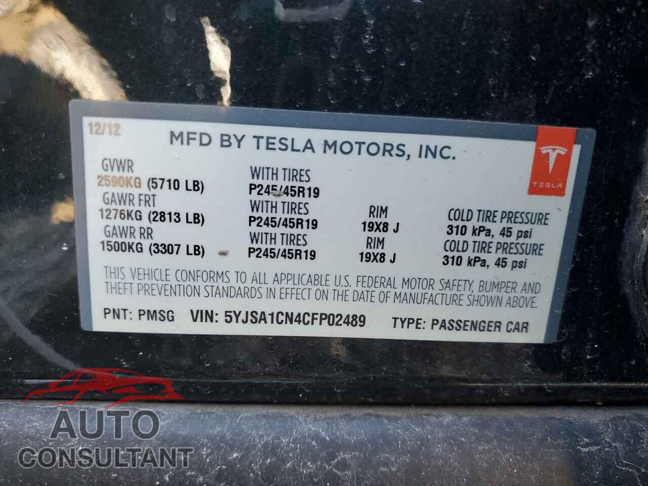 TESLA MODEL S 2012 - 5YJSA1CN4CFP02489
