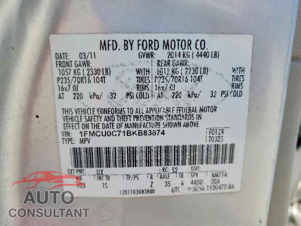 FORD ESCAPE 2011 - 1FMCU0C71BKB83874