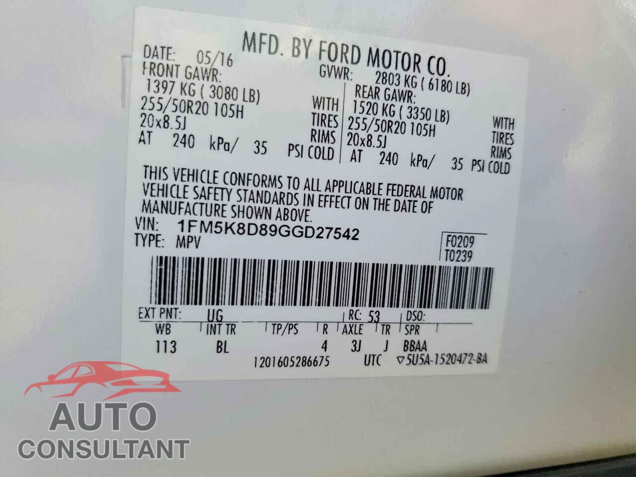 FORD EXPLORER 2016 - 1FM5K8D89GGD27542