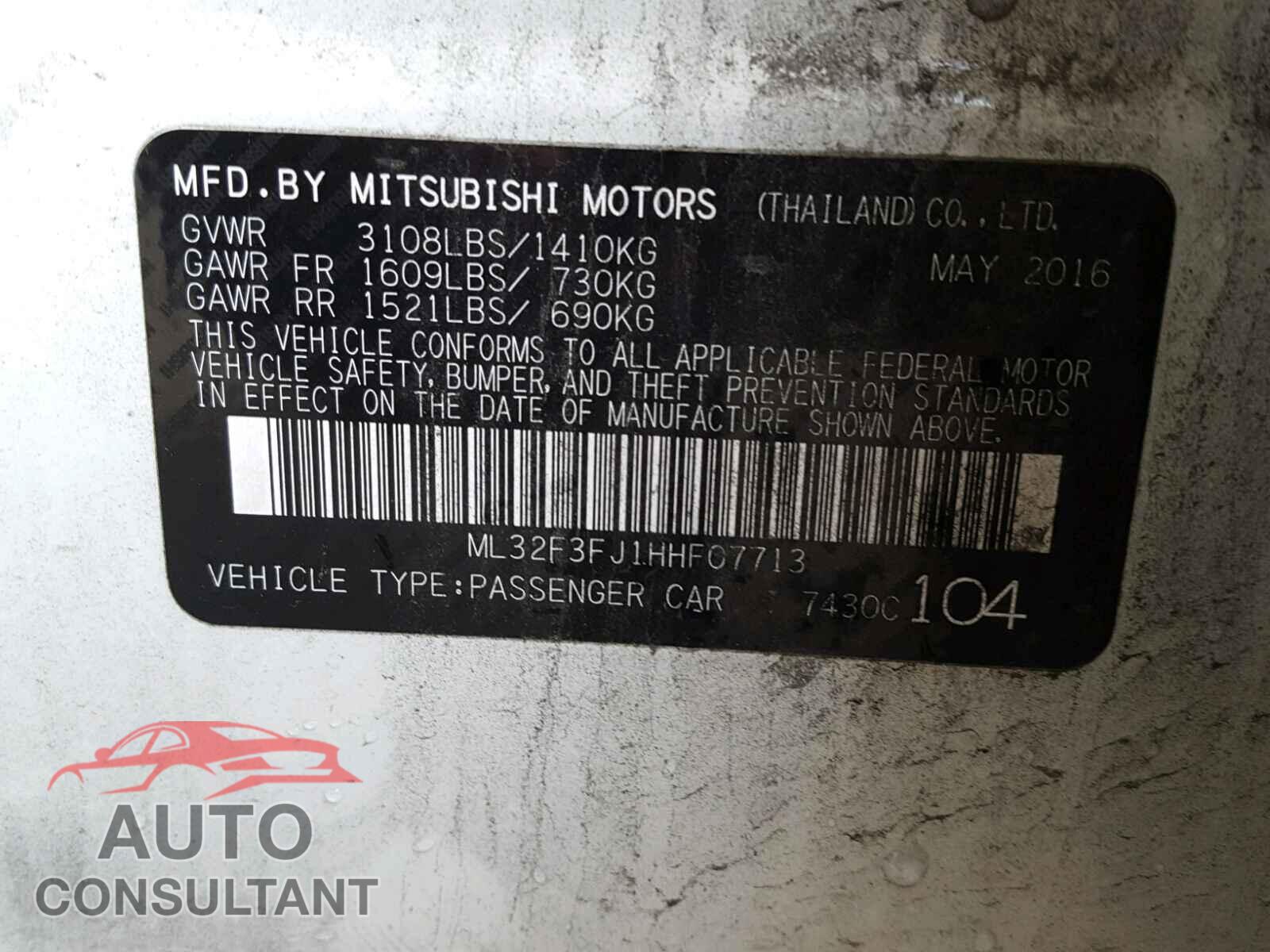 MITSUBISHI MIRAGE 2017 - ML32F3FJ1HHF07713