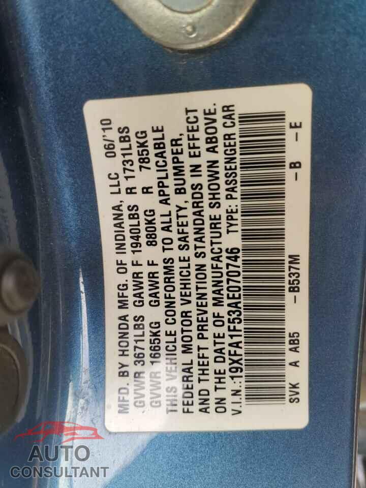 HONDA CIVIC 2010 - 19XFA1F53AE070746