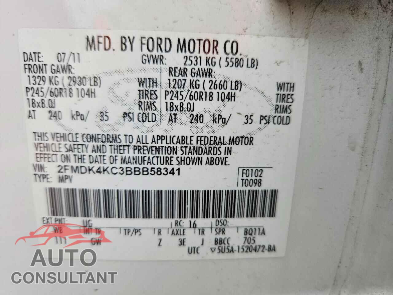 FORD EDGE 2011 - 2FMDK4KC3BBB58341