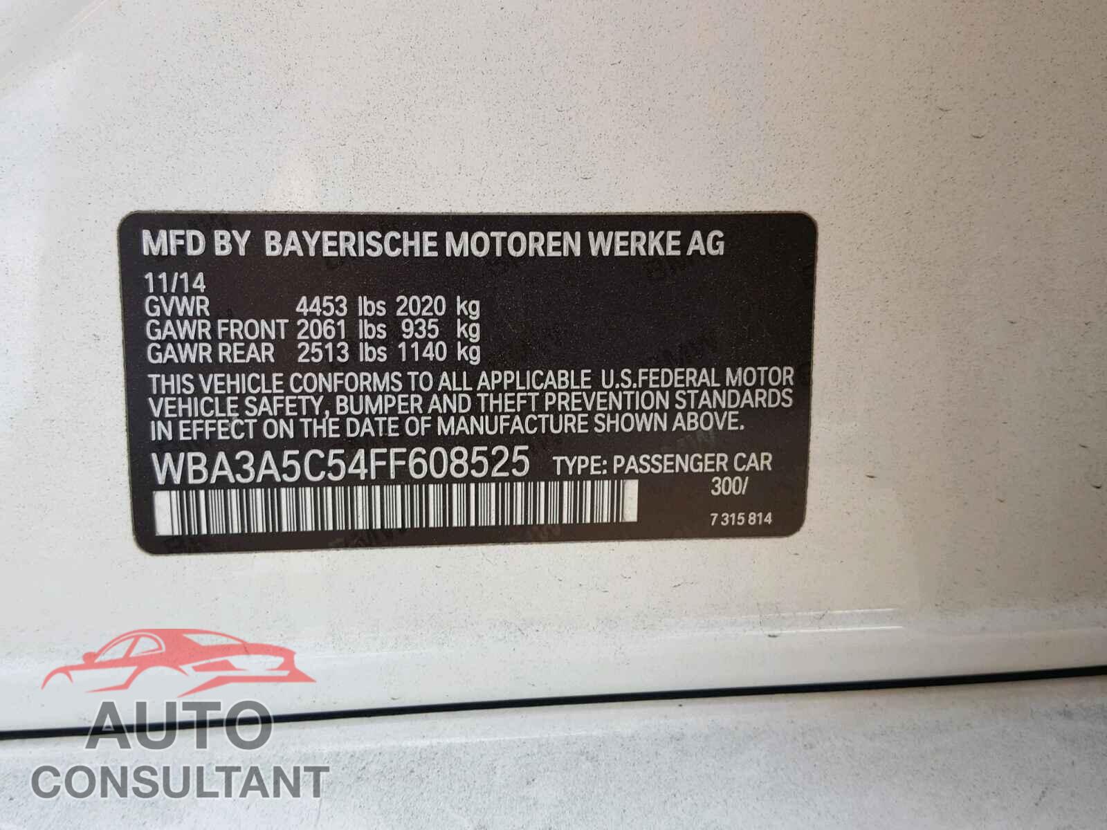BMW 3 SERIES 2015 - WBA3A5C54FF608525