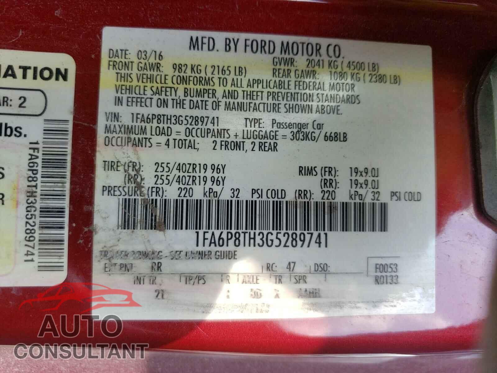 FORD MUSTANG 2016 - 1FA6P8TH3G5289741