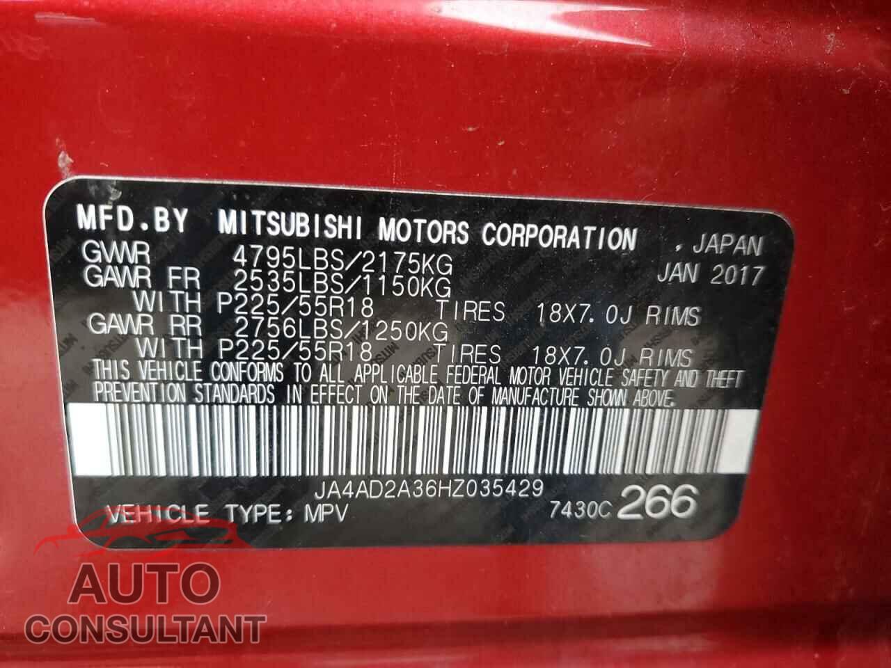 MITSUBISHI OUTLANDER 2017 - JA4AD2A36HZ035429
