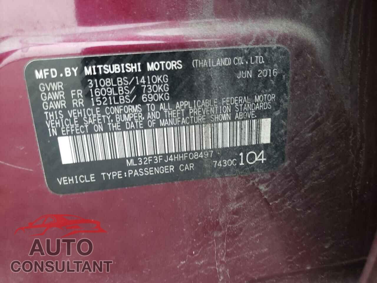 MITSUBISHI MIRAGE 2017 - ML32F3FJ4HHF08497